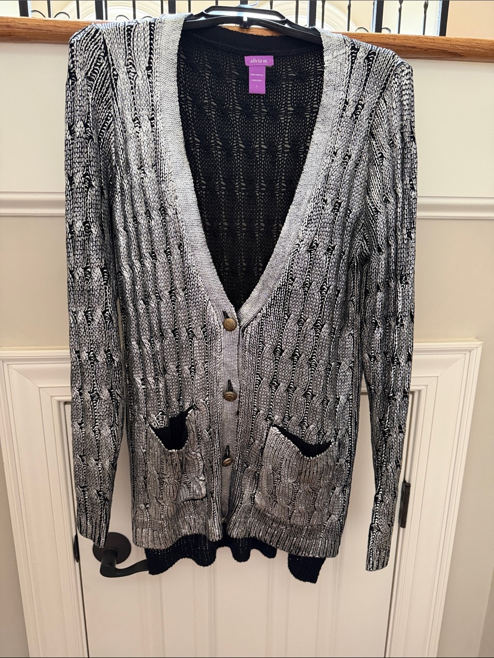OLIVIA M. Silver/black metallic Button-Front Cardigan